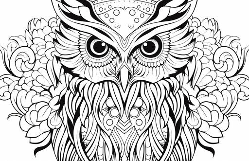 Coloring page for an owl in black and white, lovely inking style 17:11