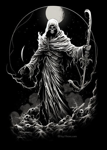 Portrait of a grim character holding a scythe