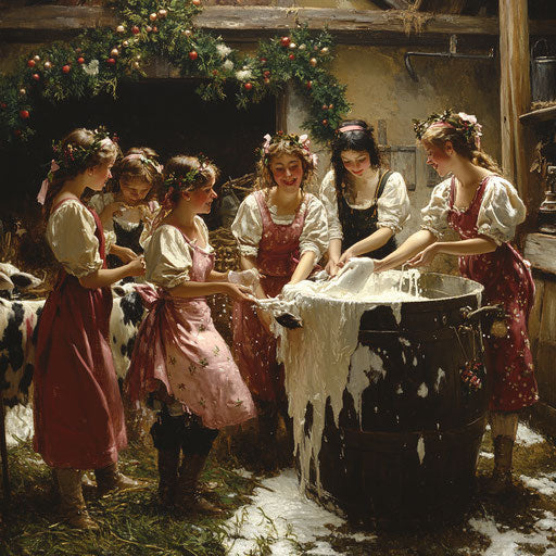 Eight maids a-milking, cheerfully working together in an old-fashioned dairy farm.