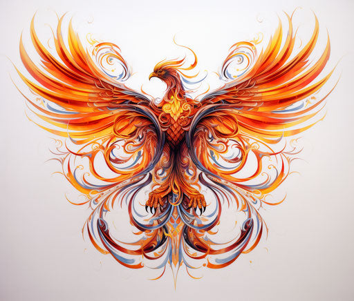 Colorful phoenix on white background, hand-drawn style
