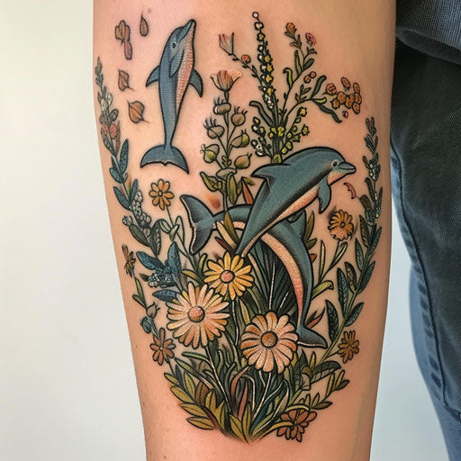 Wildflower tattoo with dolphins, oceanic colors, playful design, nature-inspired