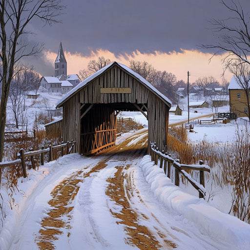 Wooden covered bridge, snowy winter, farm buildings
