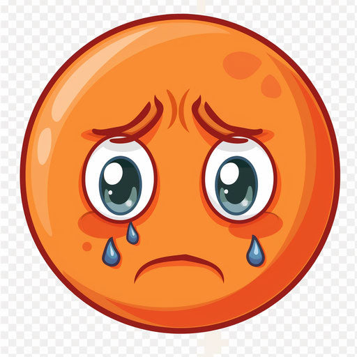 Orange circle with tears and frown, crying face emoji clipart on transparent background