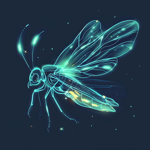 Dynamic sketch of a firefly with glowing effects and neon blue outlines