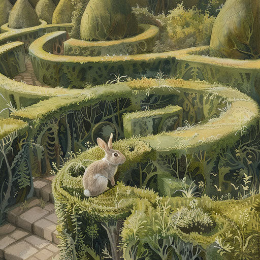 A rabbit navigating through a labyrinth of garden hedges