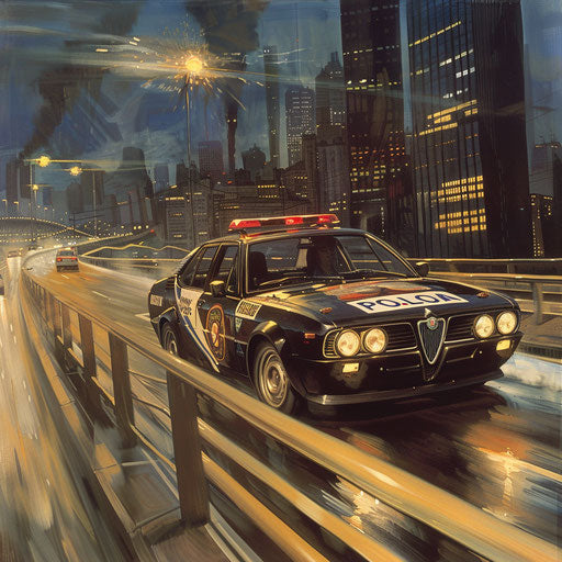 Alfa Romeo Alfasud in police livery, hot pursuit on crowded city highway.
