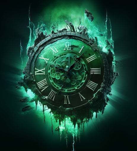 Green clock, dystopian cartoon style, cracked, press photo, nightcore, wallpaper