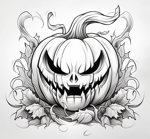 Black and white drawing of a Halloween-colored pumpkin