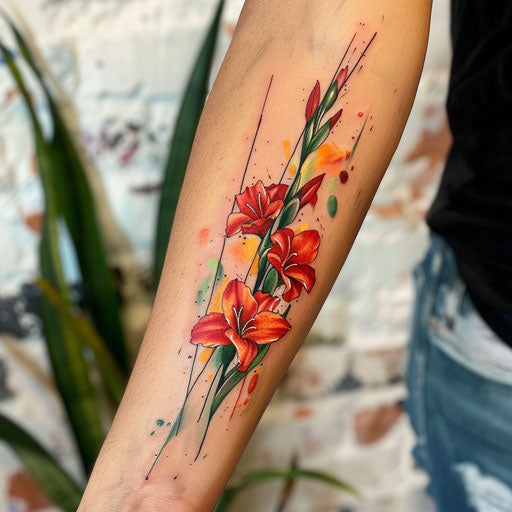 Expressionist-style gladiolus tattoo with dynamic brush strokes and vivid colors on a white background