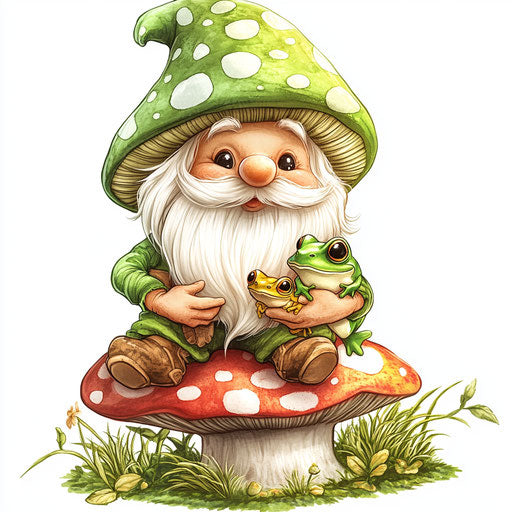 Small green gnome with white beard on mushroom