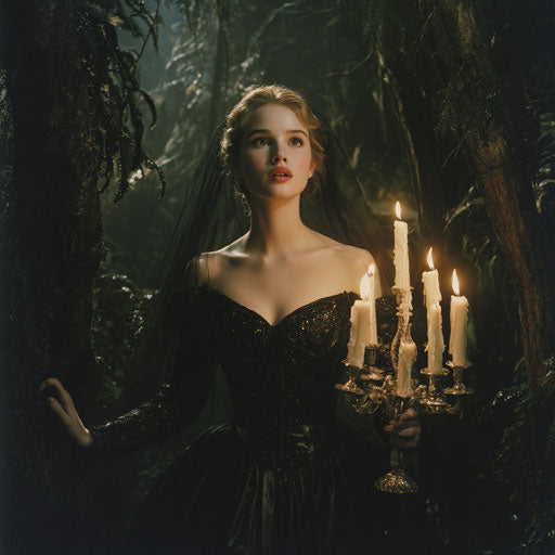 Woman in a dark forest with lit candles
