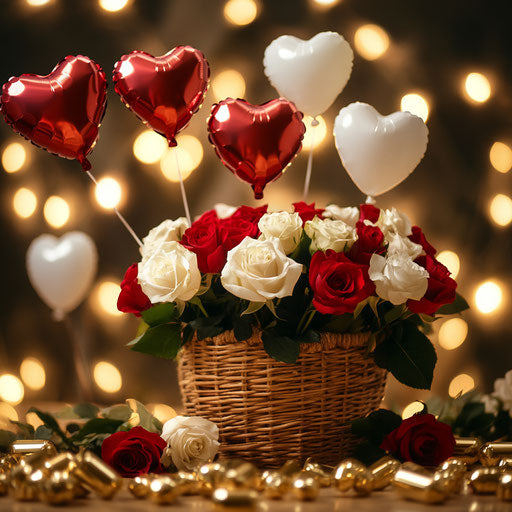 Romantic Valentine's Day setting with heart-shaped balloons and red and white roses