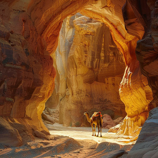 Camel's trek in a desert canyon