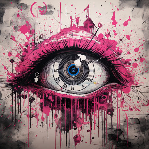Eye on pink background with colorful splatters