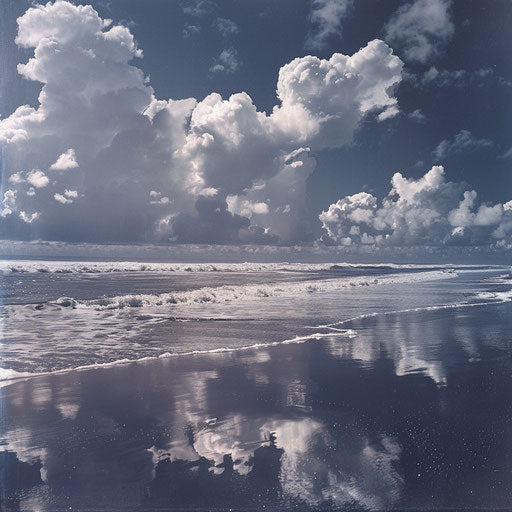 Dramatic clouds over a black sand beach with the ocean reflecting the sky