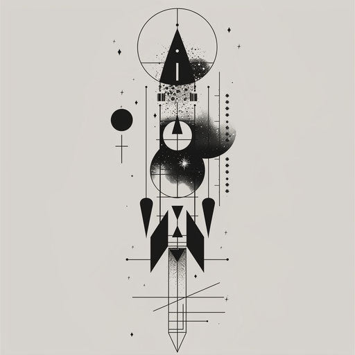 Abstract flat tattoo sketch of geometric shapes forming a rocket