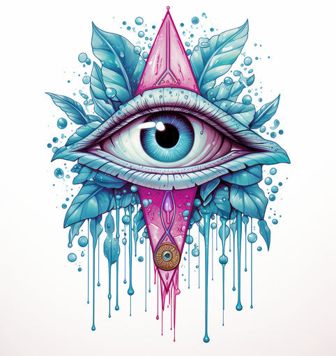 The all seeing eye in a leaf, simple colorful style, pink and aquamarine, archaeological object, mythology-inspired, elongated, yaka art, water drops