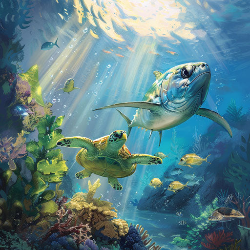 Peaceful encounter of yellowfin tuna and curious sea turtle