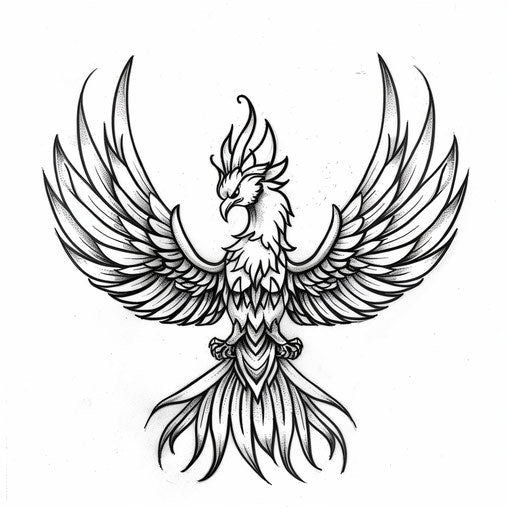 Bold black lines of a phoenix in a flat tattoo sketch for pride celebration