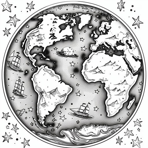 Detailed planet surrounded by stars for coloring