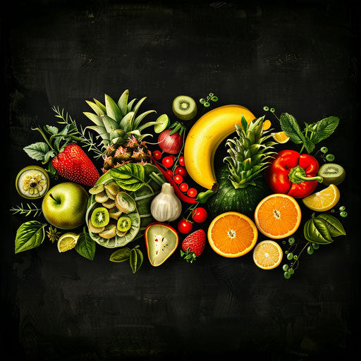 Fruits and vegetables in realistic illustration on dark background