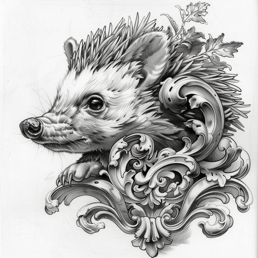 Baroque sketch of a hedgehog with ornate details and classic flourishes