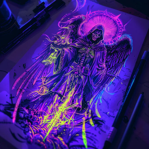 Luminous tattoo sketch of the angel of death