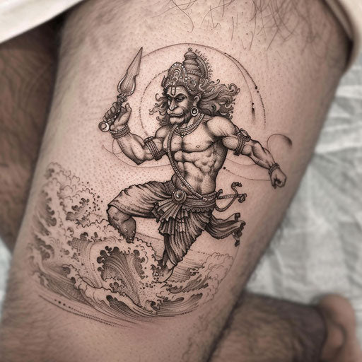 Dynamic flat tattoo sketch of Hanuman leaping over the ocean