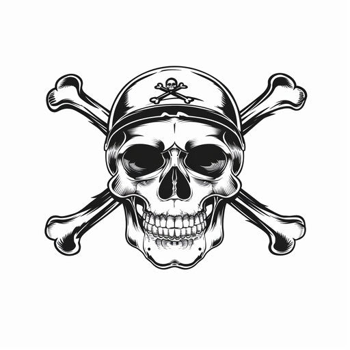 Minimalist tattoo sketch of a Russian mafia skull with crossbones, sleek black on white, clipart design