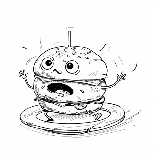 A playful scene of a burger dancing on a plate