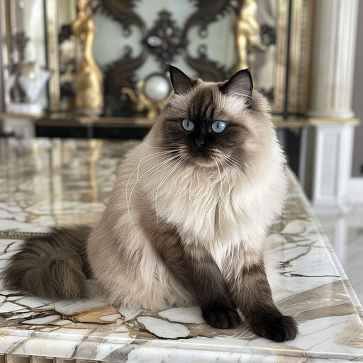 Himalayan cat sitting elegantly on a marble countertop