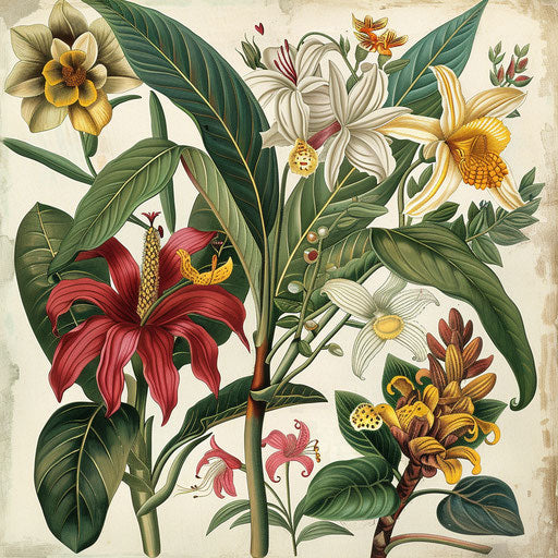 Botanical illustration of exotic flowers and plants