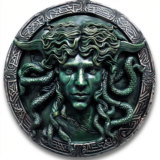 Spartan shield with Medusa head in 3D on white background