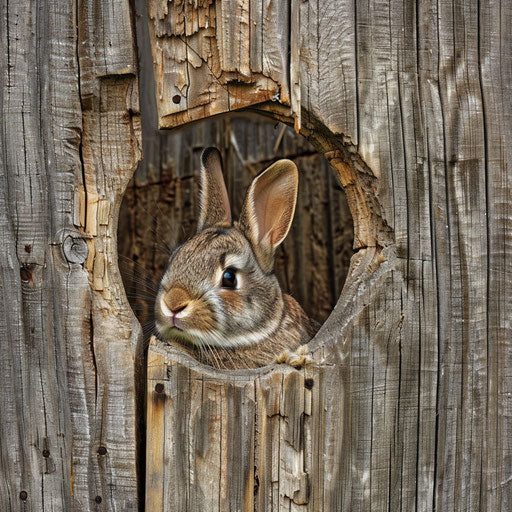 Curious rabbit peeks through hole in rustic wooden fence