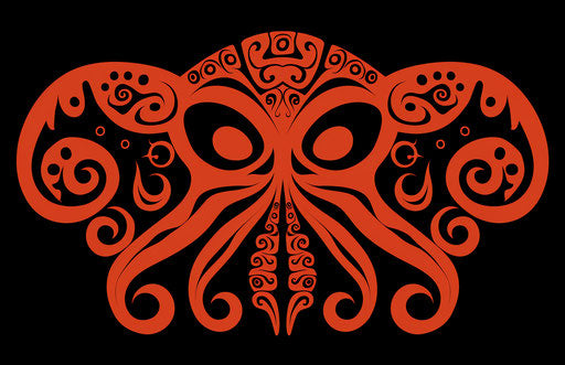 Simple tribal design of an octopus with two eyes and wide mouth