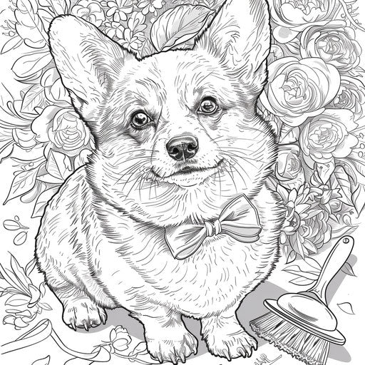 A corgi being groomed with a brush and bow