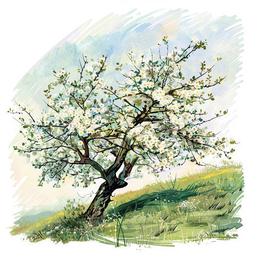 Springtime White Orchard landscape in clipart style