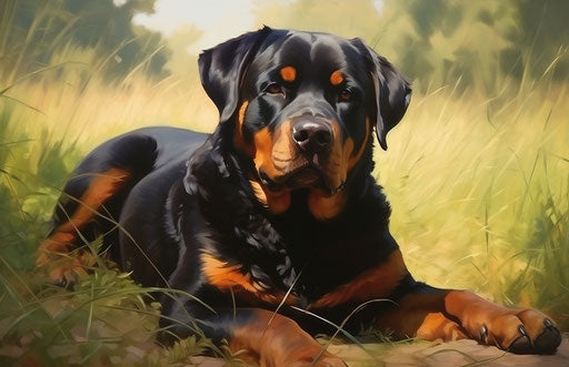 Rottweiler dog sitting on grass with a collar
