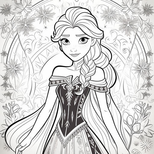 Frozen princess coloring page in light turquoise and maroon