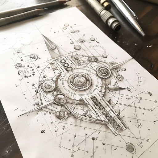 Geometric steampunk-inspired tattoo design on white paper