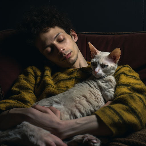 Cornish Rex cat sleeping on a couch with its owner