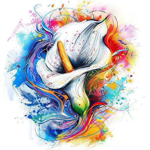 Dynamic clipart-style tattoo sketch of a calla lily with exploding particles effect in bright hues
