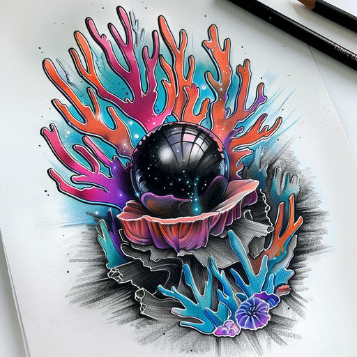 Black pearl surrounded by colorful corals