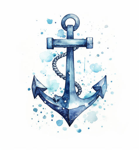 Watercolor anchor on white background, style of dark sky-blue and light indigo, bold, cartoonish lines, layered imagery with subtle irony, line and dot work, flickr, stenciled iconography, reefwave 71:76