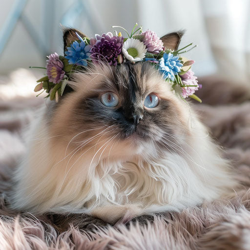 Himalayan cat with a floral crown, lying on a fluffy rug