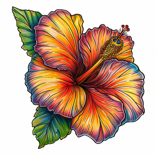 Vibrant clipart style flat tattoo sketch of a Hawaiian hibiscus flower