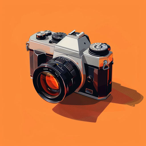 Realistic camera clipart on flat sunset orange background