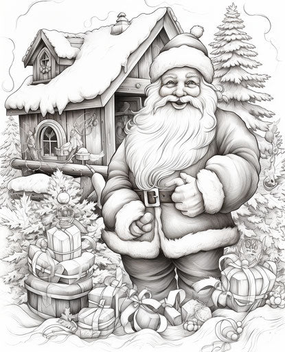 Christmas Santa coloring pages, precise draftsmanship style captivating