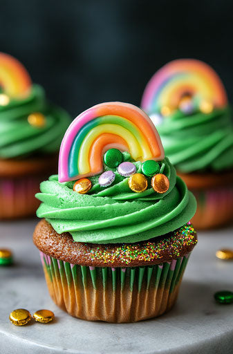 St. Patrick's Day cupcakes with green frosting and rainbow candy