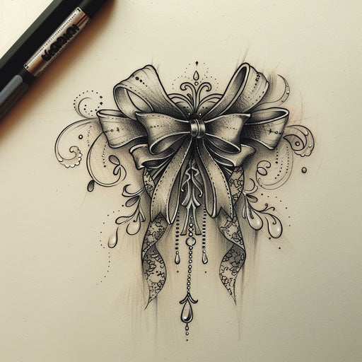 Romantic ribbon tattoo sketch with delicate lace details